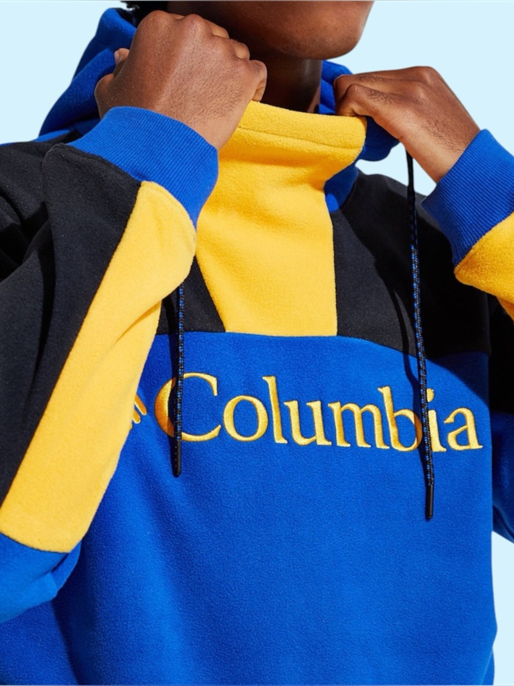 Vintage Color Block Columbia Fleece Hoodie — Outdoor Blue and Yellow Sweatshirt